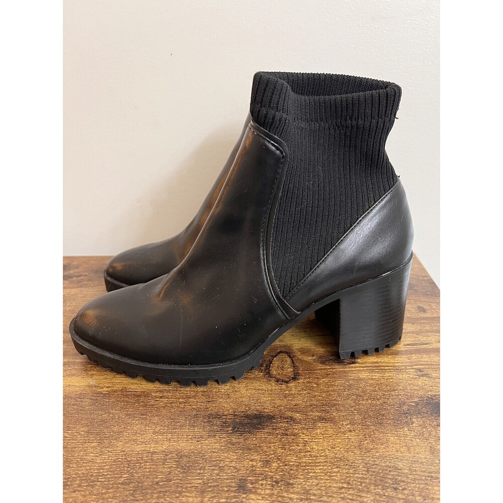Zara Track Sole Black Sock Boot Size 38 Moto Combat Boots Slip On Heeled